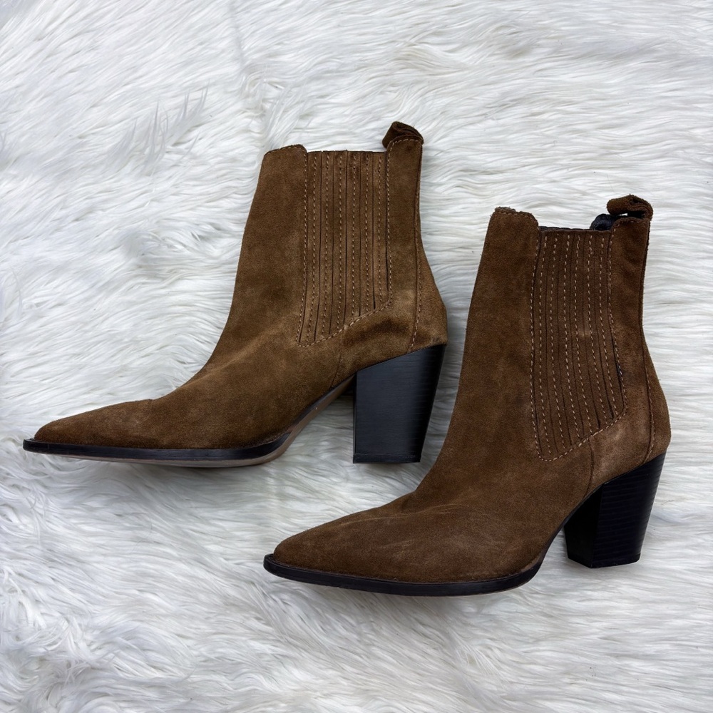 Mango Suede Leather Pointed Toe Block Heel Chelsea Western Ankle Boot Brown Tan - Picture 4 of 11